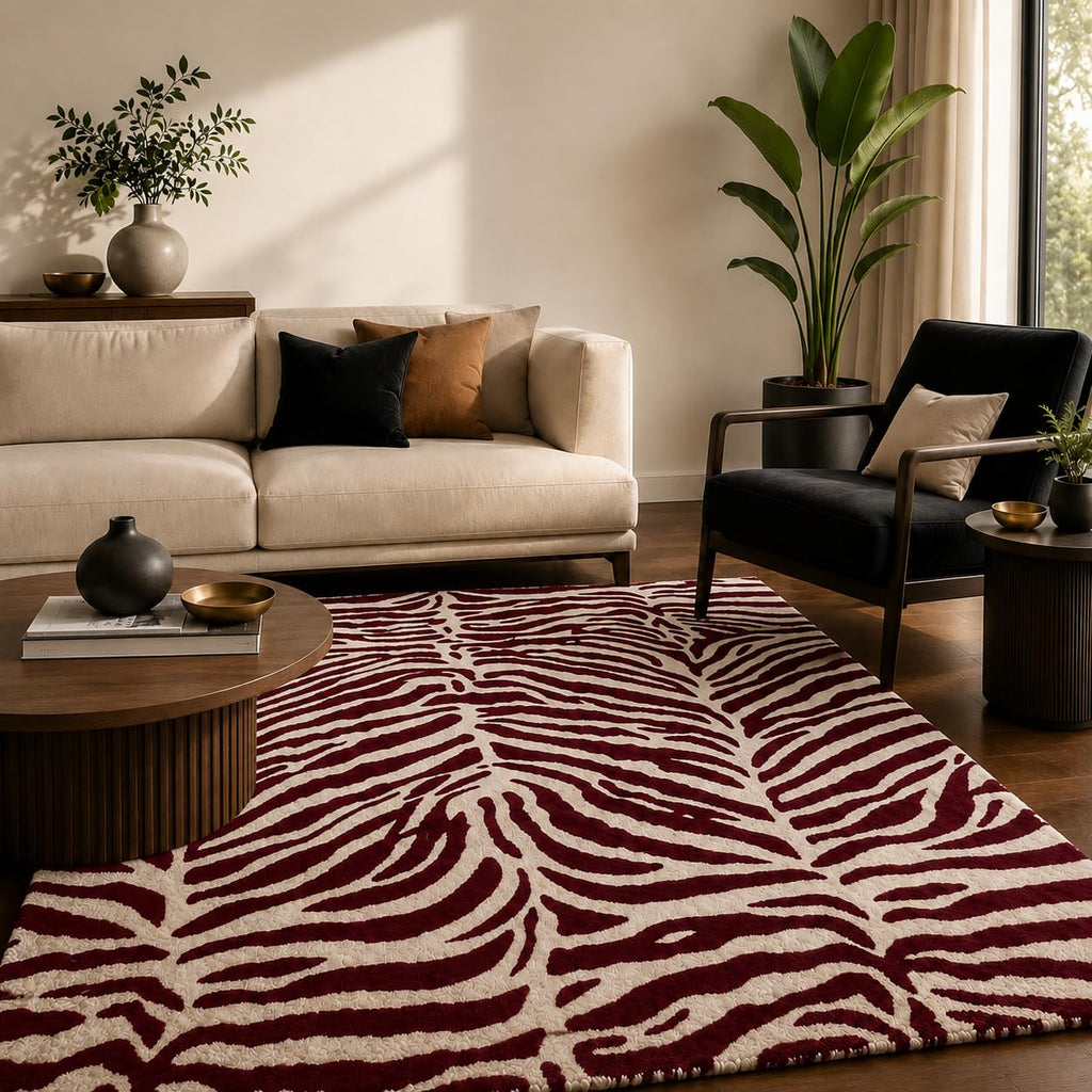 Zebra Wool Rug — Burgundy, view 2
