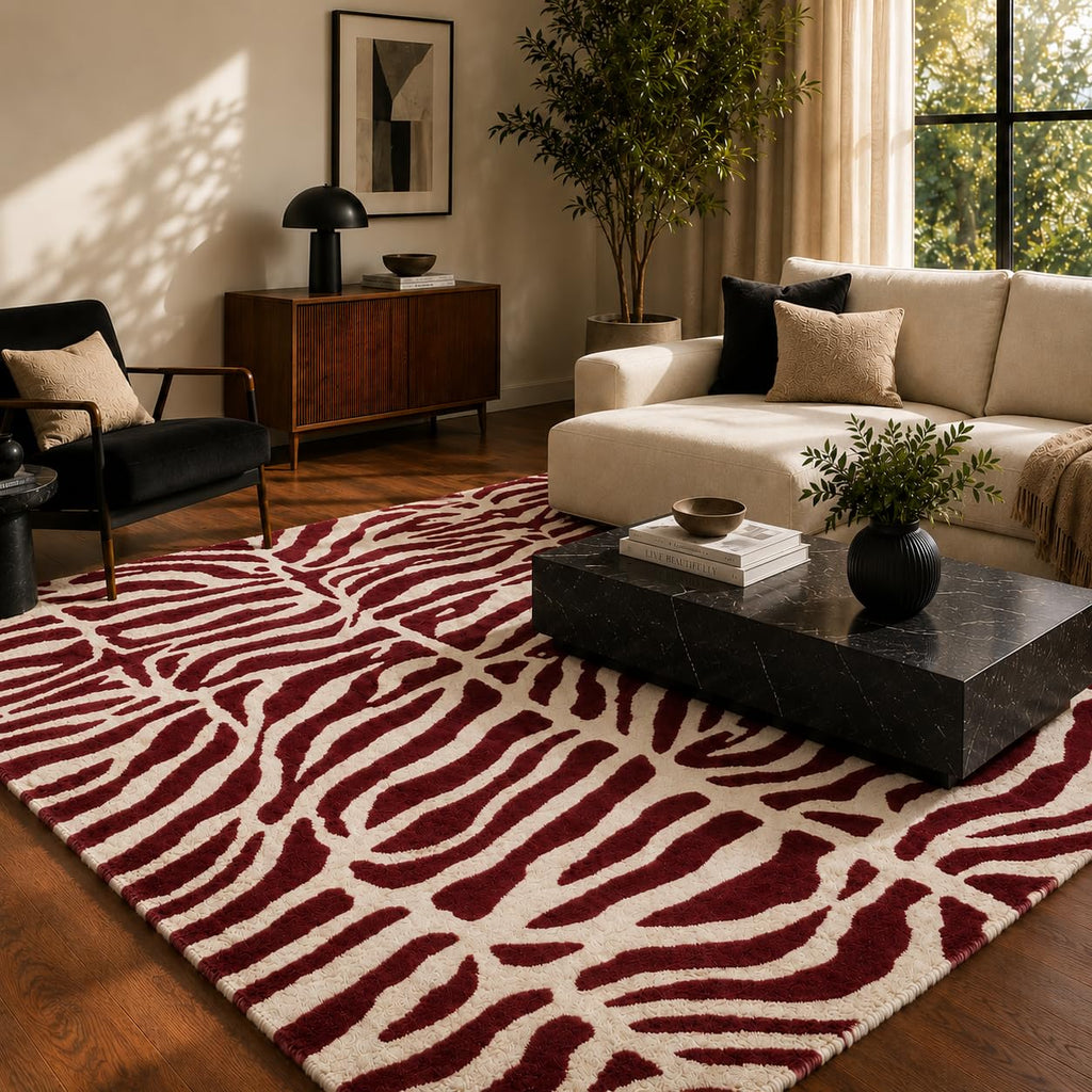 Zebra Wool Rug — Burgundy, view 6