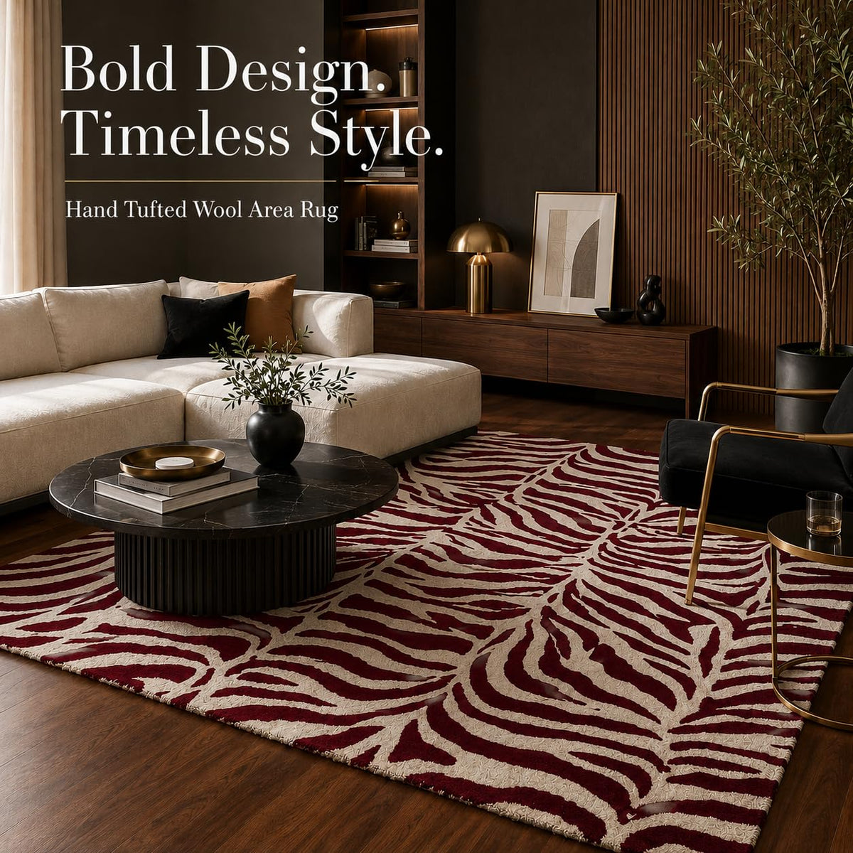 Zebra Wool Rug — Burgundy, view 7