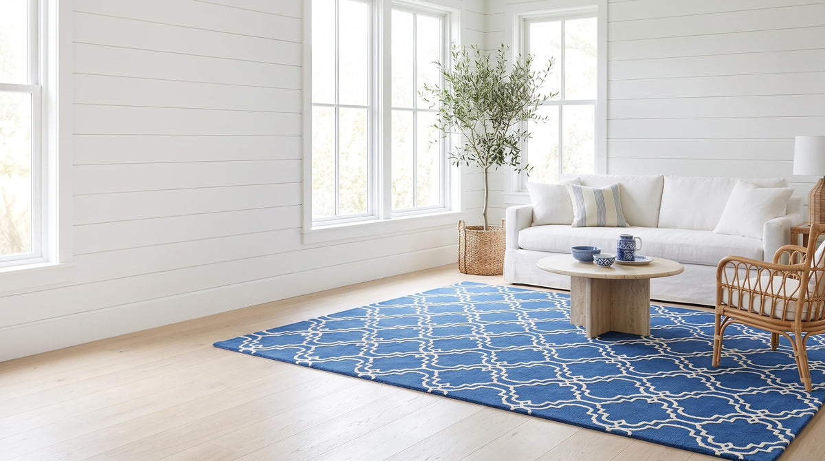 Scroll Tile Moroccan Wool Rug — Blue & Ivory, view 3