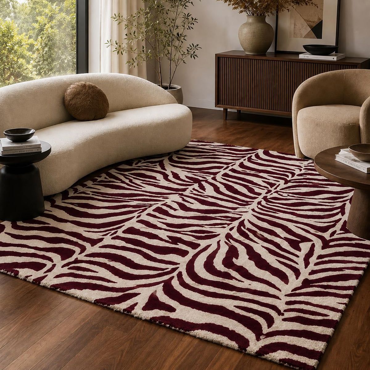 Zebra Wool Rug — Burgundy, view 1