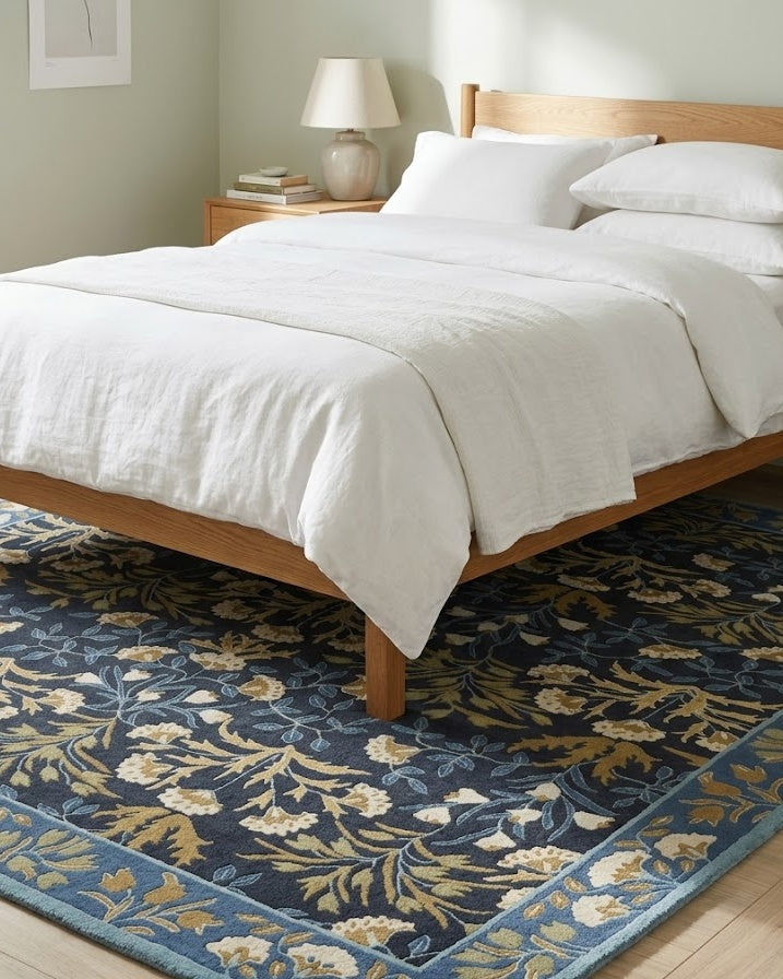 Adline Tulip Floral Wool Rug under a bed