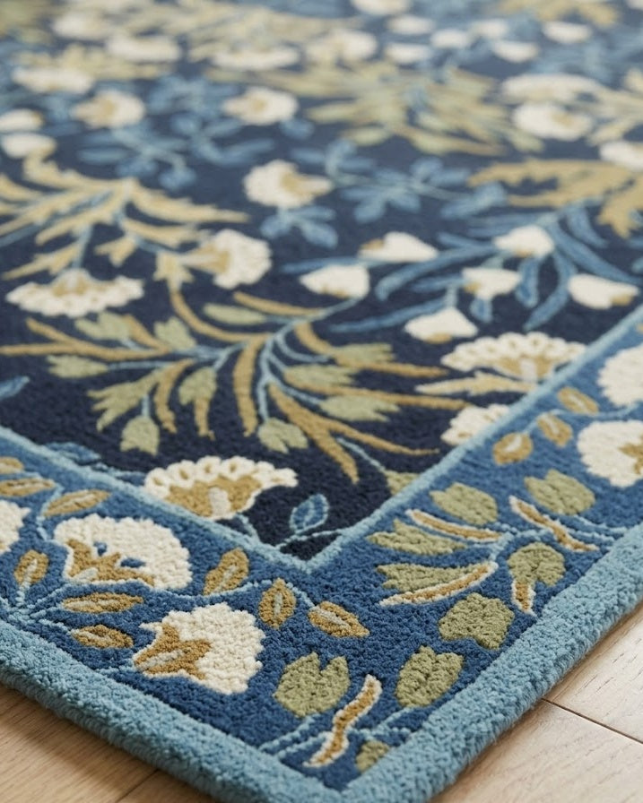 Adline Tulip Floral Wool Rug corner detail showing border and pile