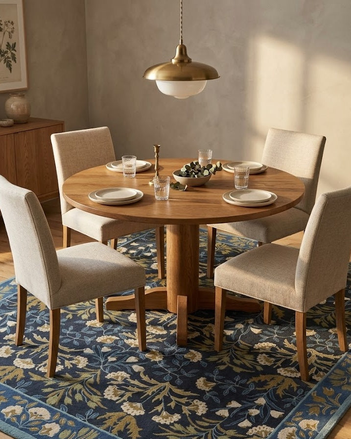 Adline Tulip Floral Wool Rug under a round dining table