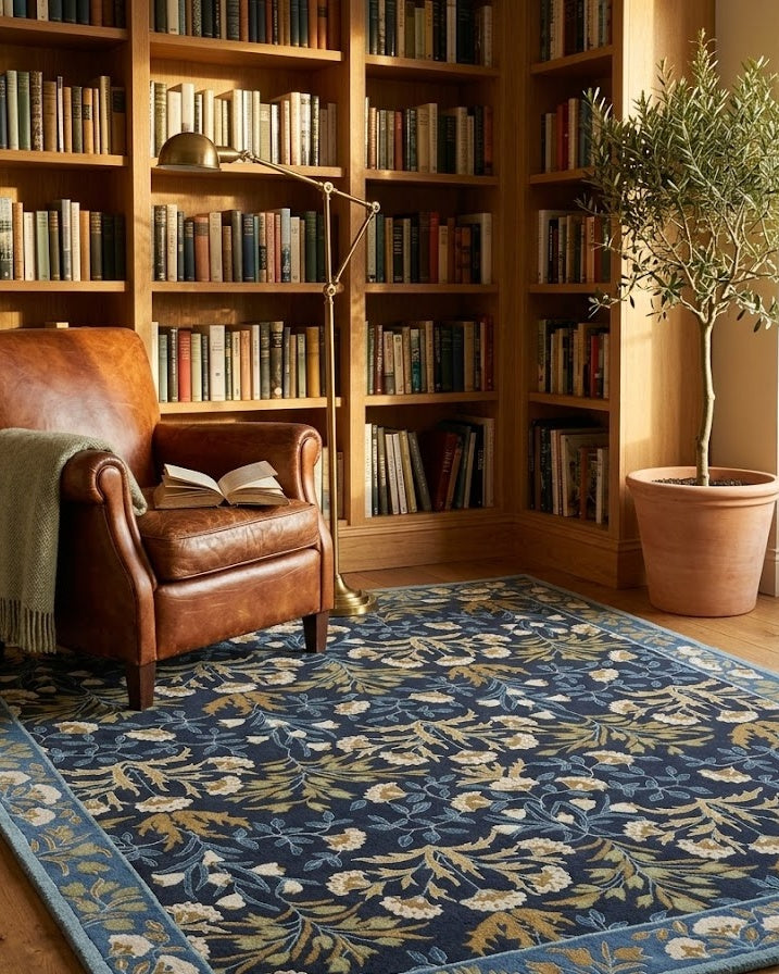 Adline Tulip Floral Wool Rug in a library reading corner