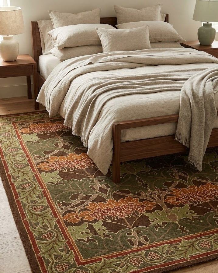 Cesil Floral Wool Rug in Green under a bed