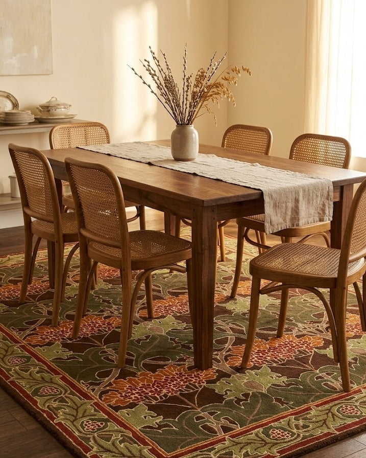 Cesil Floral Wool Rug in Green under a dining table