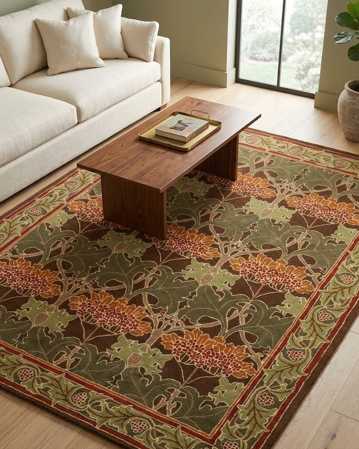 Cesil Floral Wool Rug in Green in a warm living room