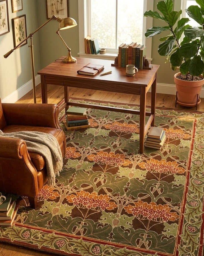 Cesil Floral Wool Rug in a home office reading nook