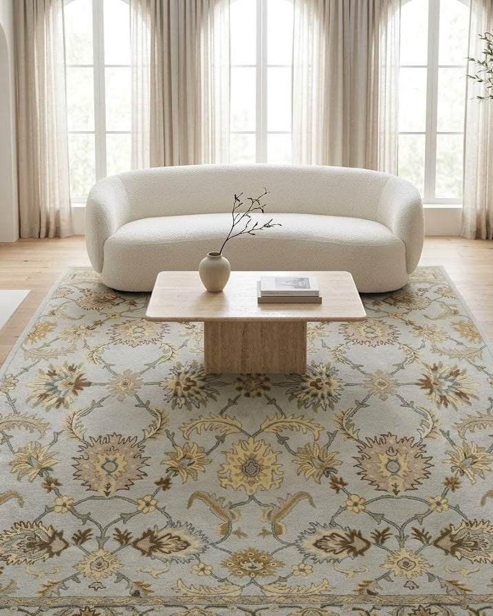 Gabriel Floral Wool Rug in Gray in an airy living room