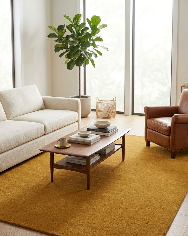 Liso Gold solid hand-tufted wool rug in a bright living room