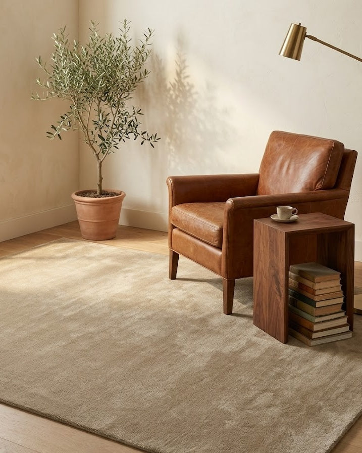 Liso Khaki solid hand-tufted wool rug in a reading corner