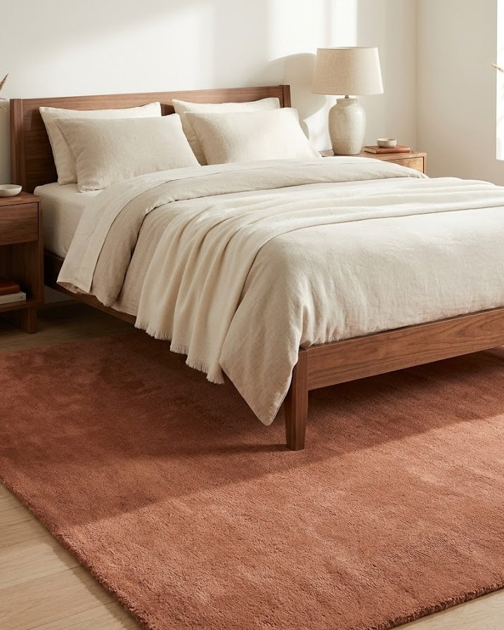 Liso Mocha Mousse solid hand-tufted wool rug under a bed