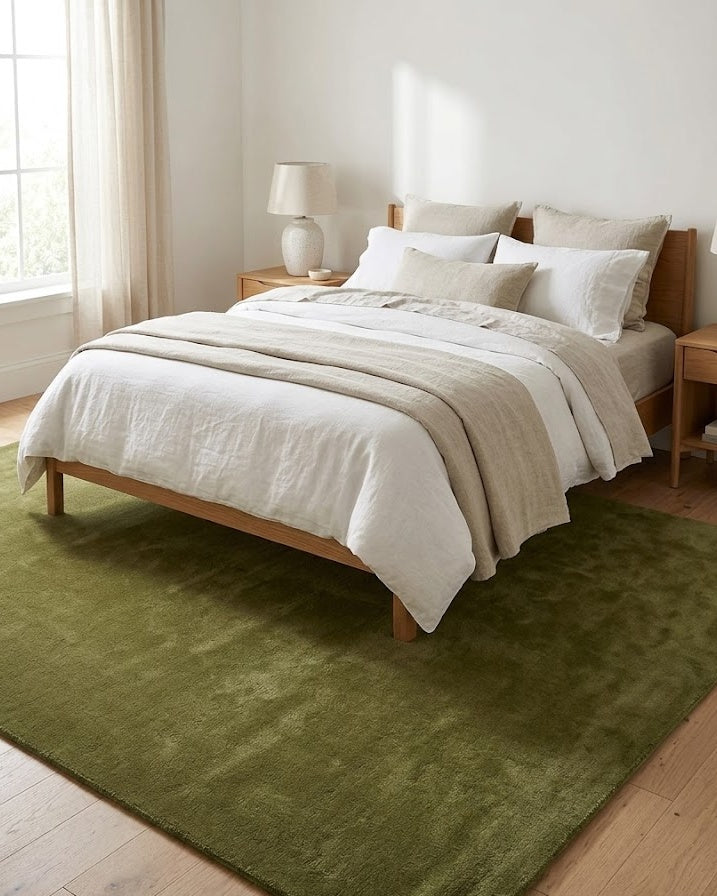 Liso Olive solid hand-tufted wool rug under a bed