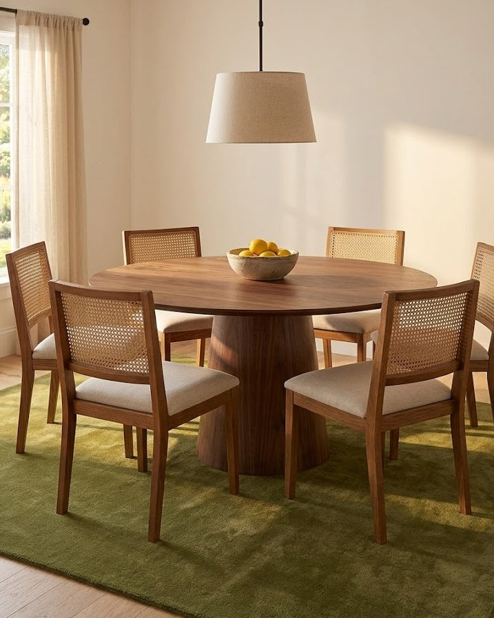 Liso Olive solid hand-tufted wool rug under a round dining table