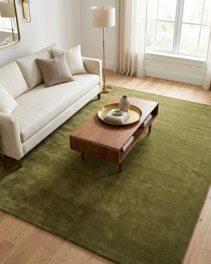 Liso Olive solid hand-tufted wool rug in a bright living room