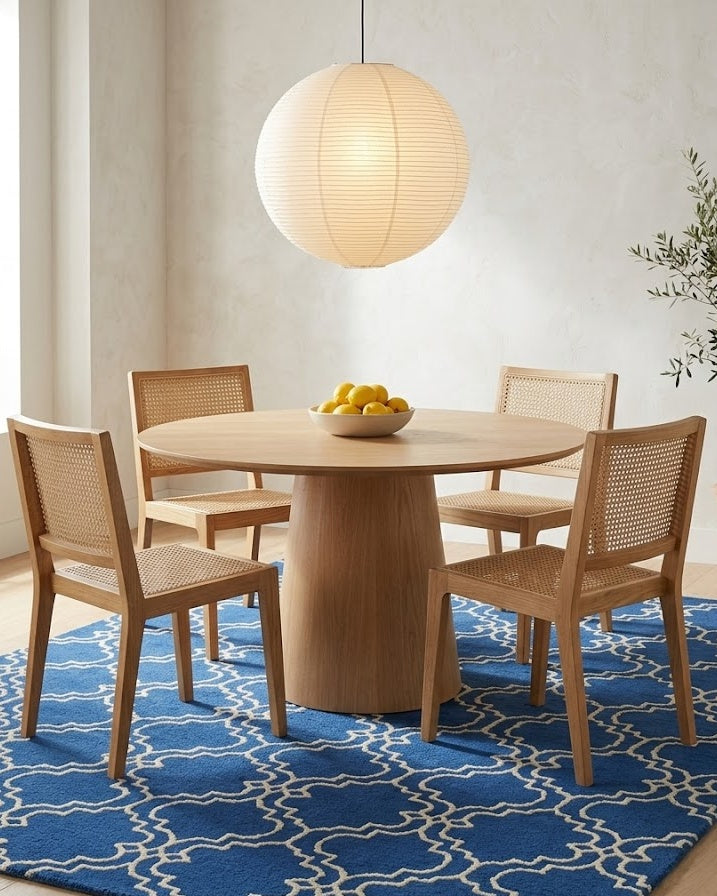 Scroll Tile Moroccan wool rug in blue and ivory under a dining table