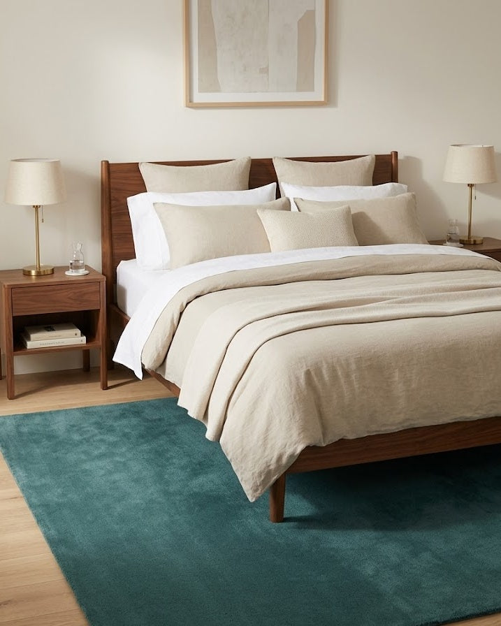 Liso Teal solid hand-tufted wool rug under a bed