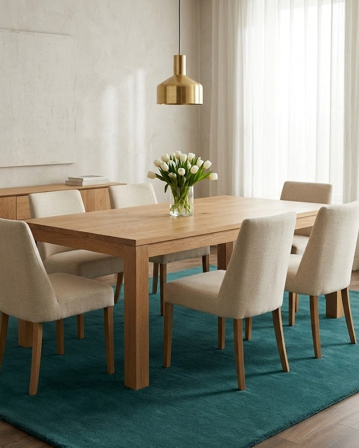 Liso Teal solid hand-tufted wool rug under a dining table