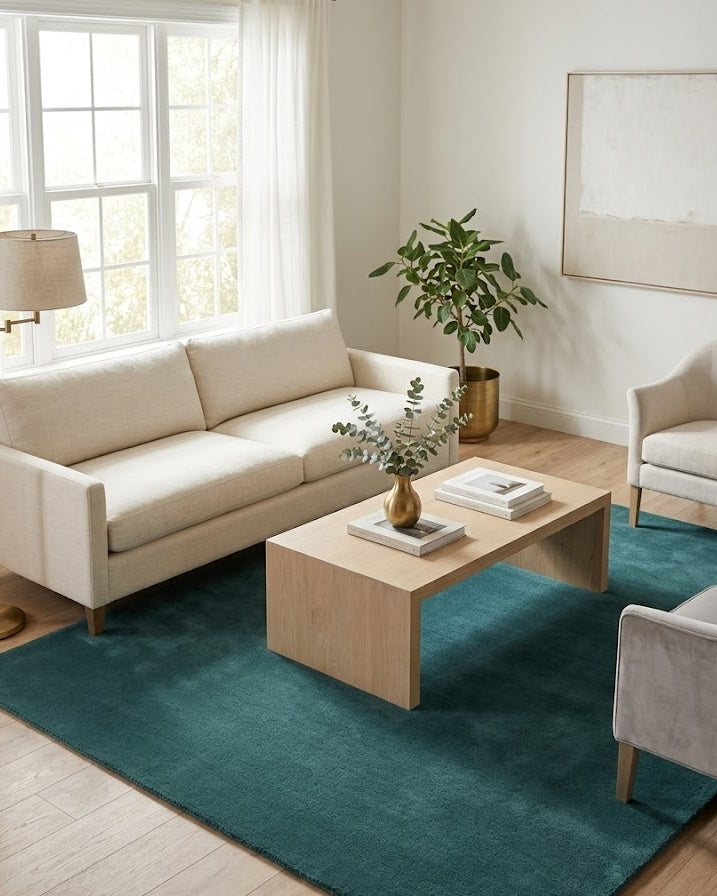 Liso Teal solid hand-tufted wool rug in a bright living room