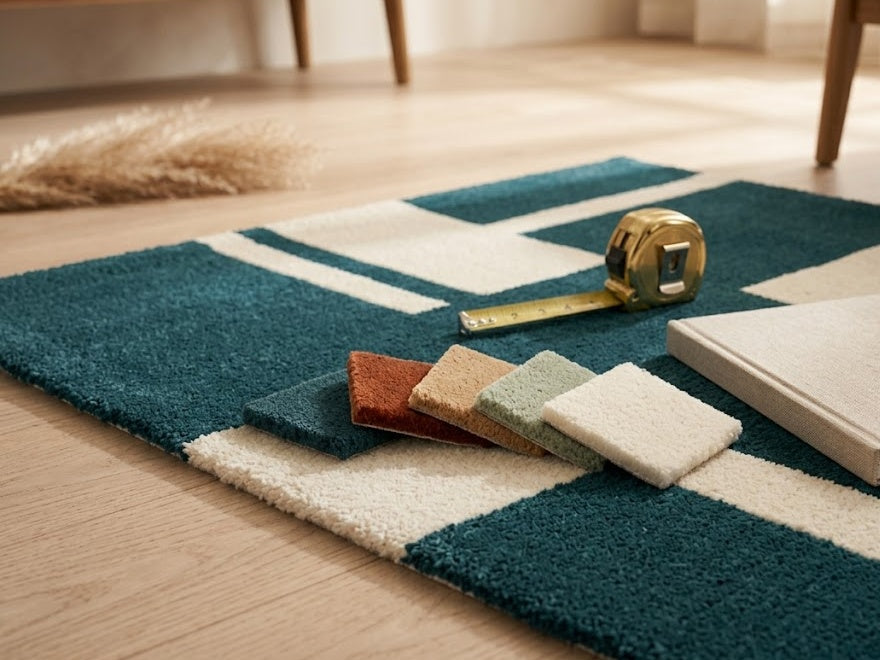 Wool colour swatches, tape measure and sketchbook on a teal and ivory hand-tufted rug