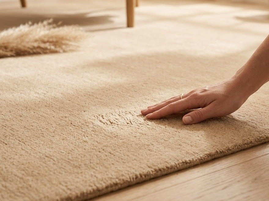 Hand brushing across the soft, even pile of a sand-coloured hand-tufted wool rug