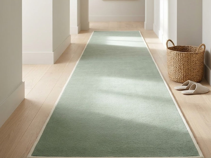 Sage green hand-tufted wool runner in a sunlit hallway