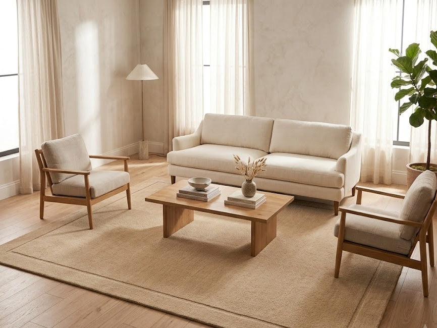 Living room with sofa and armchairs resting on a large oatmeal hand-tufted wool rug